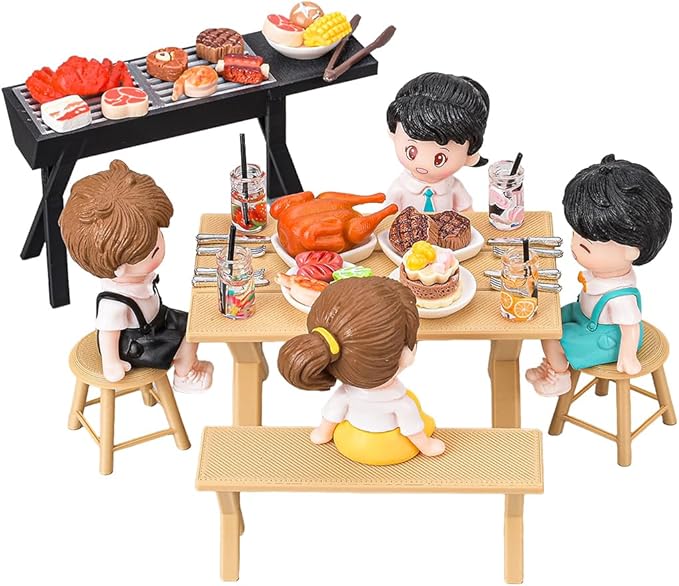 1/12 Scale Mini Realistic BBQ Grill and Picnic Table Model Set, Food-Play Props, Prentend-Play Accessory Set (Table and Chair + Grill + Figure + Food Items)