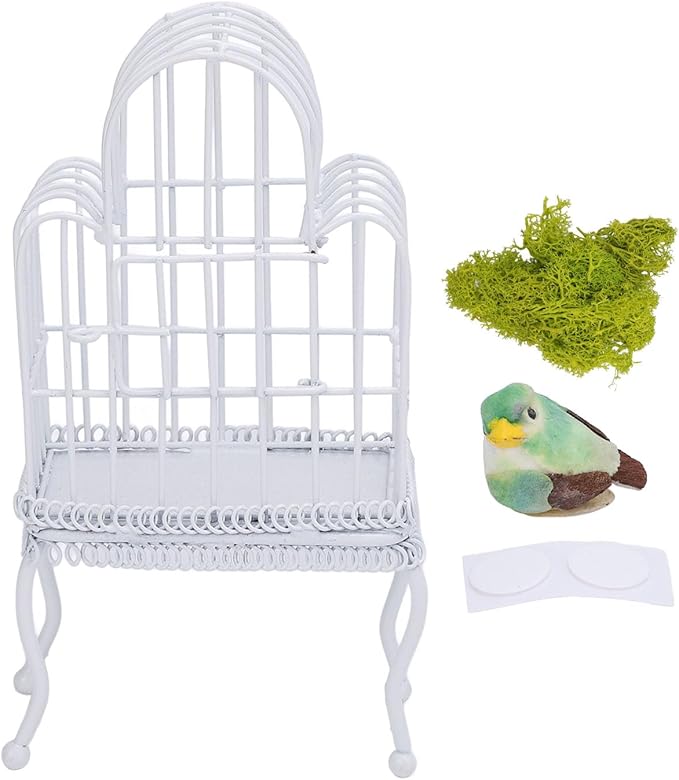 1:12 Scale Dollhouse Bird Cage Metal Miniature Bird Cage Realistic Opening Door Miniature Dollhouse Bird Cage with Fake Grass Bird Sticker (White)