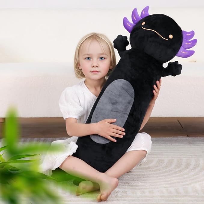 28 inch Black Axolotl Stuffed Animal, Cute Long Body Cuddle Squishy Pillow, Big Axolotl Plushies Toy Gifts for Kids, Boys for Birthday, Halloween, Christmas