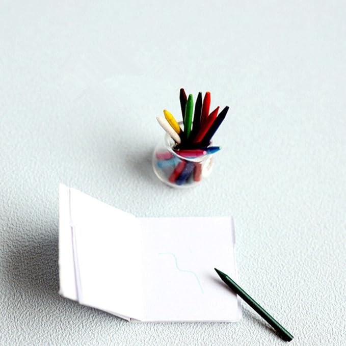 Miniature Dollhouse Colored Crayon Pencil Set with Glass, 1:12 Scale, 13 Count (Pack of 1), Multi-colored, Ideal for Dollhouse Decor, Dioramas, or Desk Decoration