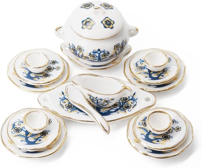Odoria 1/12 Miniature Dish Dinnerware Set 17Pcs Dollhouse Decoration Accessories, Zamioculas Zamiifolia