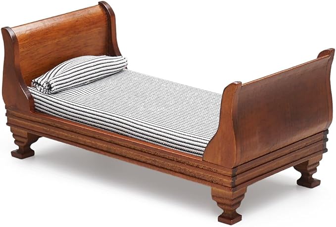 Odoria Dollhouse Single Bed Miniature: 1/12 Scale Wooden Bed Victorian for 6 inch Dolls Bedroom Vintage - Mini Brown Furniture with Bedding Fabric