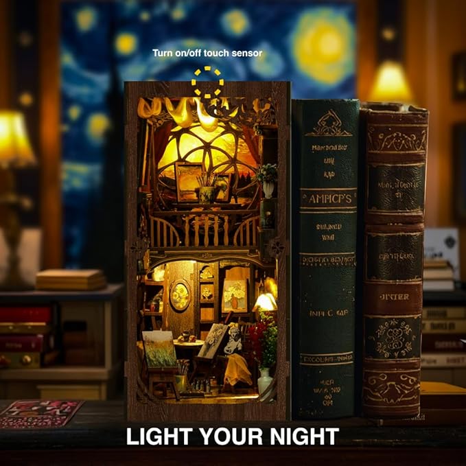 Book Nook Kit for Adults - DIY Miniature House with LED Lights - Adult Book Nook Craft Kit with Starry Night Puzzle - 3D Wooden Puzzle for Birthday Gift - Tiny Craft for Creative Bookshelf Decor