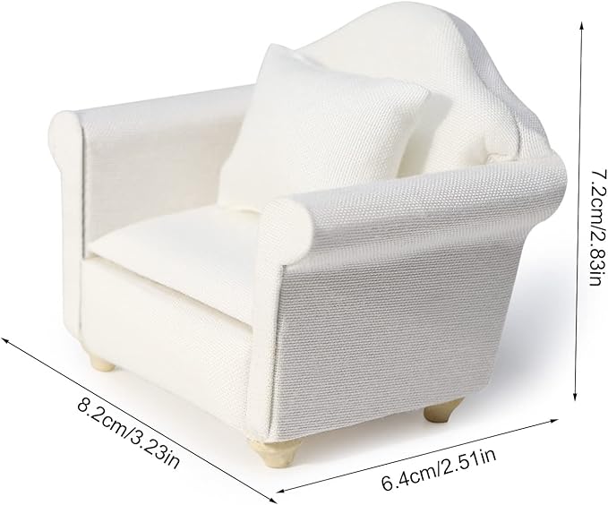 Dollhouse Couch Miniature Furniture Sofa with Pillows for Living Room Desktop Decoration Fabric Sofa Mini Home Scene Accessories Ornament (Single Sofa, White)