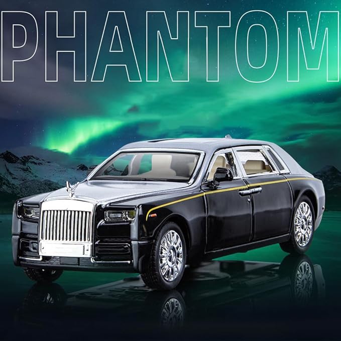 EROCK Alloy Collectible Rolls-Royce Phantom Model Toy Car, 1/32 Scale Diecast Car Model Pull Back Vehicles Phantom Toy with Sound & Light, Car Logo Can be Folded 1/32 Phantom Black-Silver