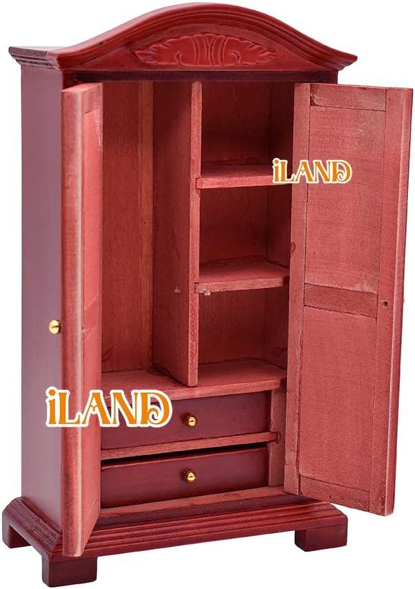 iLAND Vintage Dollhouse Furniture 1/12 Scale, Dollhouse Bedroom Furniture in Mahogany Color incl Dollhouse Bed & Mirror Full Length & Wardrobe & Bedside Table & Rocking Chair (Brewster 7pcs)