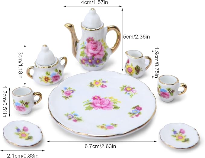 Dollhouse Tea Cup Sets 1:6 Scale Miniature Porcelain Dollhouse Accessories 8PCS Flower Pattern Teapot Platter Dish Sets Dollhouse Kitchen Supplies Decoration (Pink)