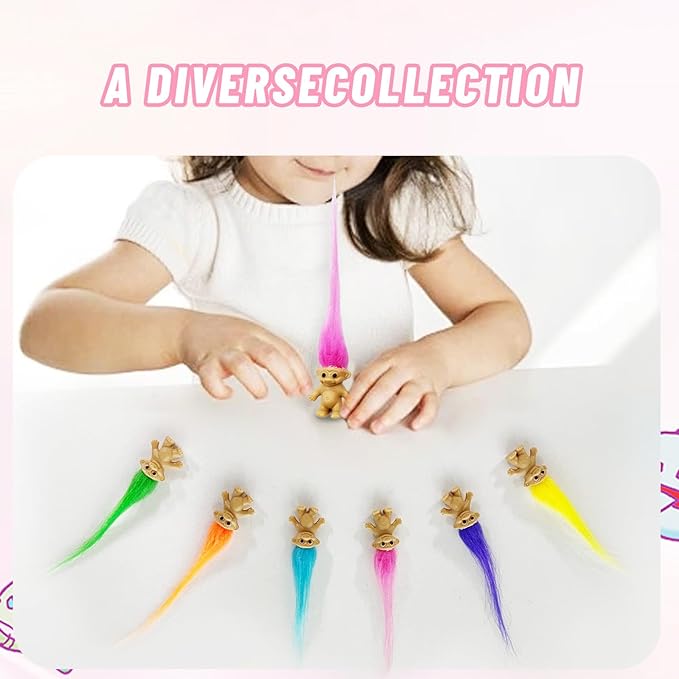 12pcs Long-haired Mini Troll Dolls, Assorted Hair Colors, 0.78" Bodies, 2" Hair. Cake Toppers, Action Figures, School Project, Arts and Crafts, Party Favors