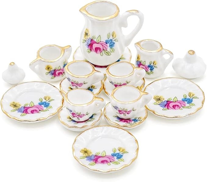 Odoria 1/12 Miniature Porcelain Tea Set 15Pcs Dollhouse Decoration Accessories, Pink Blossom