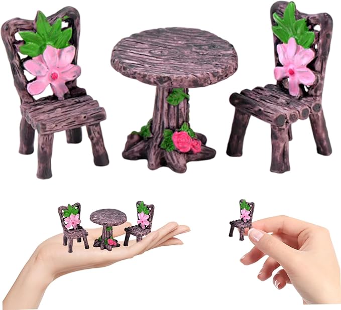 3 Pcs Miniature Round Table and Chairs Set - Outdoor Pastoral Style Fairy Garden Furniture Ornaments, Vintage Resin Bench & Chair Kit for Dollhouse Accessories, Micro Landscape & Home Decorations