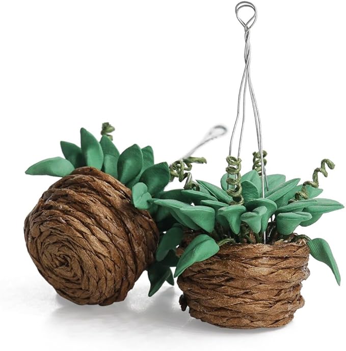 Odoria 1/12 Miniature Hanging Plants Mini Tiny Potted Plant Miniatures Dollhouse Decoration Accessories Doll House Accessory, 2Pcs Dark Green