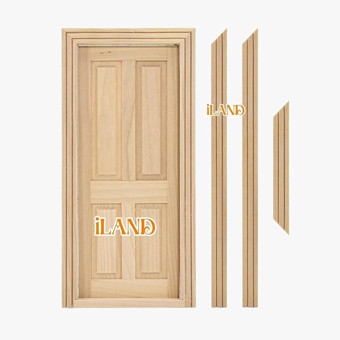 iLAND Wooden Dollhouse Door of 1/12 Scale Accessories, Dollhouse Building Materials, Classic 4-Pannel Miniature Door w/Trims & Doorknob & Key (Classic 4-Pannel Door)