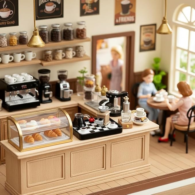 Dollhouse Miniature Coffee Shop Set, 1:12 Scale Mini Café Accessories, DIY Dollhouse Display Kit, Detailed Tiny Café Scene Kit for Collectors & Crafts