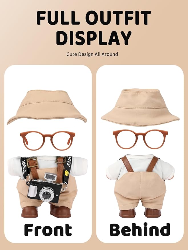 17cm Doll Clothes Set, Hat & Overalls & Shirt & Shoes & Glasses & Camera Set for 17cm Accessories Suit, Stylish Dolls Clothes Accessories, Cute Clothes for Dress up Unique Style (Brown)