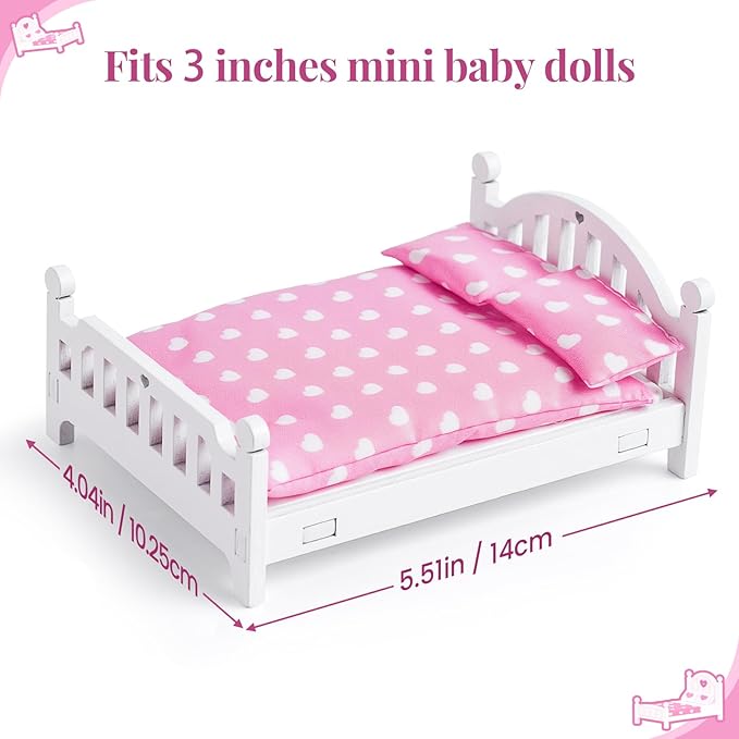 BABESIDE Mini Dollhouse Bedroom Furniture Set,7 PCS Pink Wooden Doll House Accessories for 3 Inch Dolls with Bed, Nightstands, Wardrobe, Pillows & Mattress – Gift for Girls, Kids Miniature Room Toy