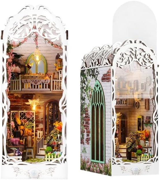 DIY Book Nook Kit - Miniature Dollhouse Booknook Kit for Adults,Teens, 3D Wooden Puzzle Bookend Bookshelf Deco, Christmas Birthday Gift, Flower House
