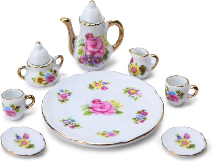 Dollhouse Tea Cup Sets 1:6 Scale Miniature Porcelain Dollhouse Accessories 8PCS Flower Pattern Teapot Platter Dish Sets Dollhouse Kitchen Supplies Decoration (Pink)