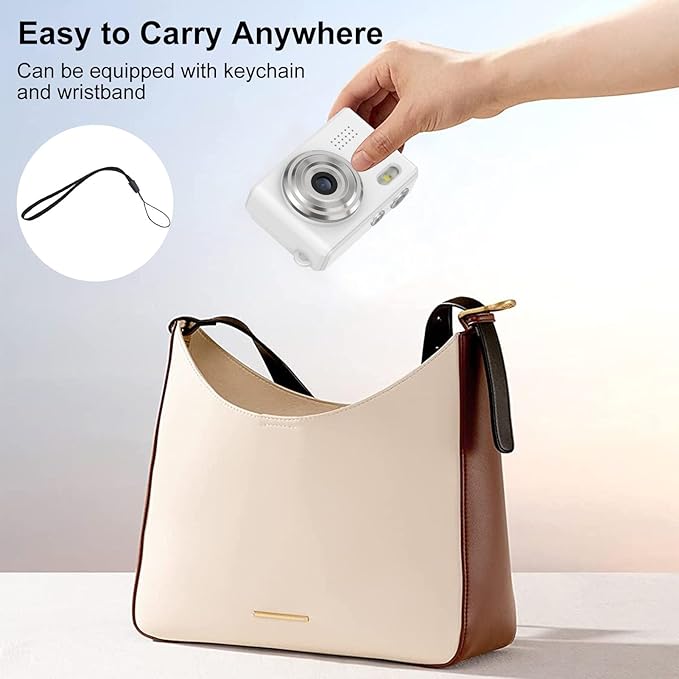 Tangxi Mini Keychain Digital Camera for Students, 1080P 12MP Small Camera Video Recorder, 6 Filters, 0.96 Inch LED Display for Travel Study Recording (White)