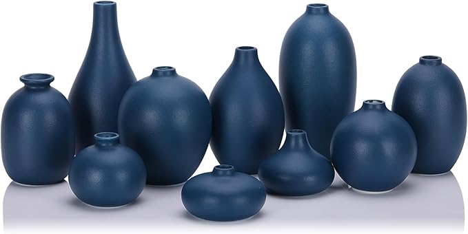 Ceramic Bud Vase Set of 10 - Blue mini Bud Vases in Bulk Dining Table Centerpieces, Cute Bulk Small Flower Vase for Pampas Grass&Single Flower Decor, Ideal Wedding Window Sill Aesthetic Desk Decor