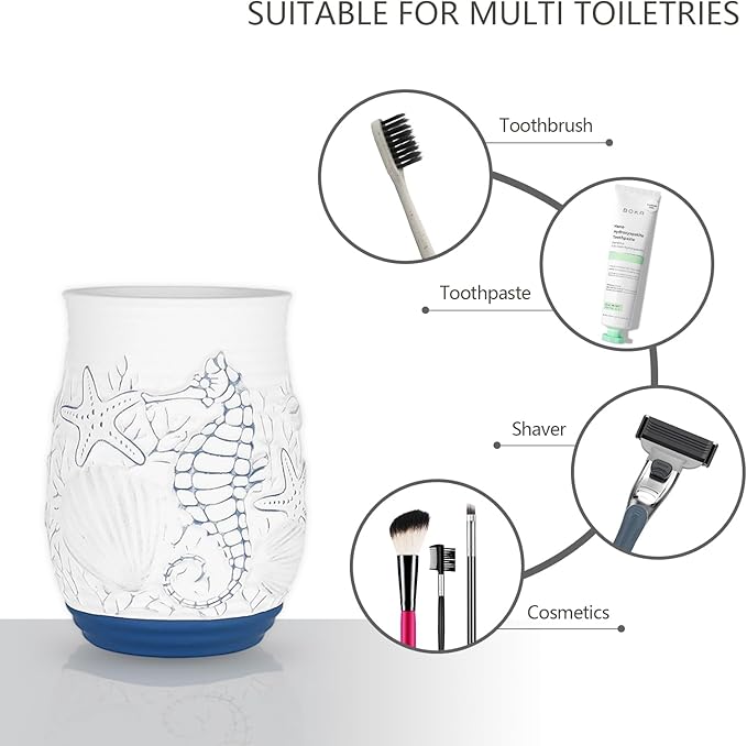 Beach Theme Bathroom Accessory Sets 4PCS Bathroom Accessories Set Complete Embossed Seashell Starfish Design Includes Lotion Dispenser Toothbrush Holder Tumbler Cup & Vanity Tray