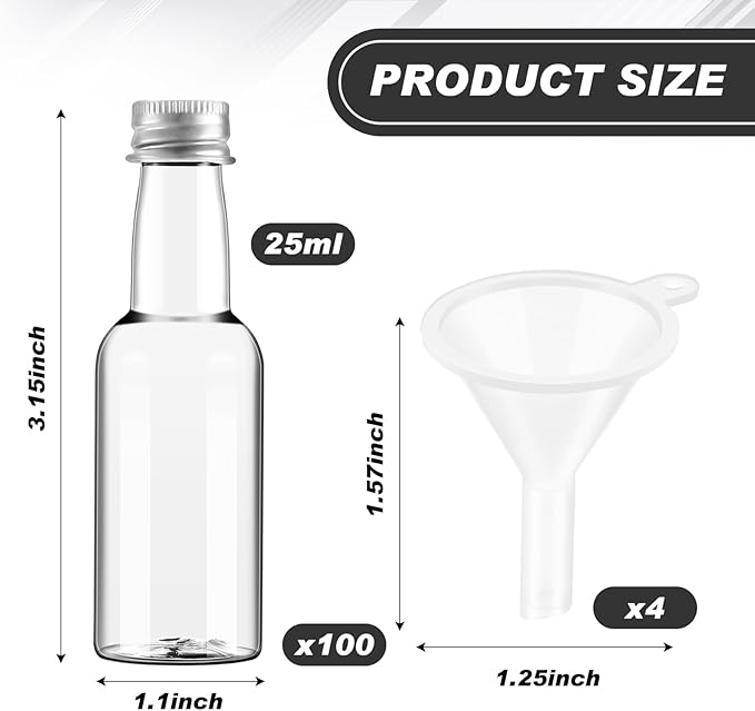Tessco for you 100 Pcs Mini Liquor Bottles Plastic Mini Salad Dressing Bottle Christmas Small Shooter Alcohol Holders with Cap Wine Hot Sauce(0.8 oz,Silver)