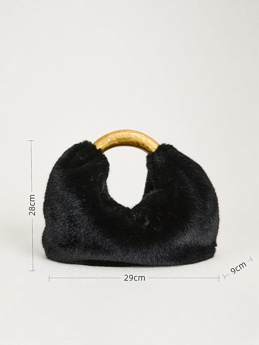 Black Faux Fur Handbag with Gold Metal Handle, Half Moon Top Handle Winter Bag