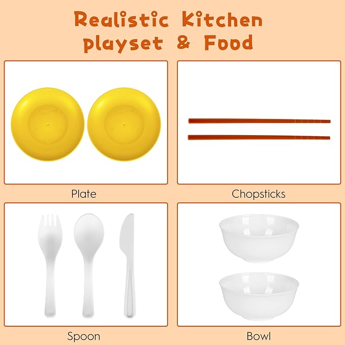 60Pcs Kids Mini Play Kitchen Accessories, Pretend Cooking Play Set with Cookware, Tableware & Fruit & BBQ Sets, Learning Gift for Boys, Girls, Toddlers,Yellow