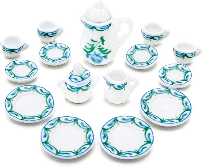 Odoria 1/12 Miniature Porcelain Tea Set 15Pcs Dollhouse Decoration Accessories, Green