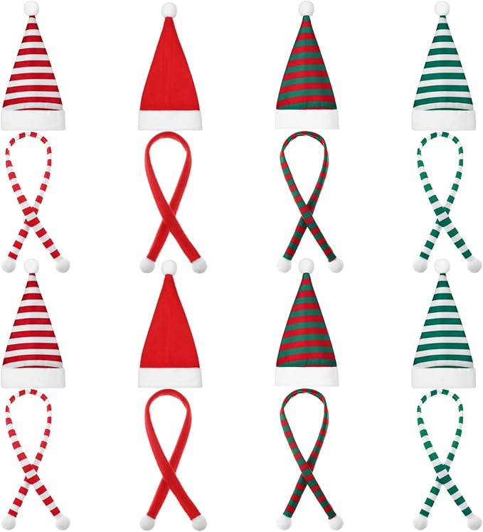 Geyoga 16 Pcs Mini Knit Doll Hat Valentines Day Small Santa Hat for Craft Winter Mini Snowman Hats and Scarf Tree Ornaments Snow Stripe Heart Wine Bottle DIY Decor Gifts