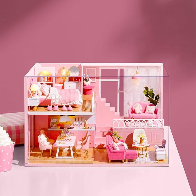 TuKIIE DIY Miniature Dollhouse Kit with Furniture, 1:24 Scale Creative Room Mini Wooden Christmas Doll House Accessories Plus Dust Proof & Music Movement for Kids Teens Adults(Warm Moments)