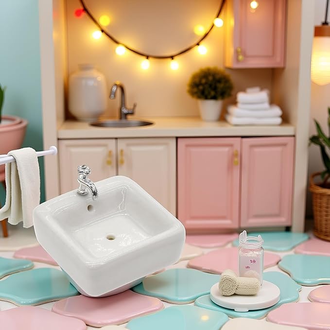 1:12 Scale Ceramic Sink with Removable Faucet - Miniature Dollhouse Bathroom and Kitchen Accessories for Victorian Style Decor, Realistic Doll House Furniture (Durable Resin Basin Set)