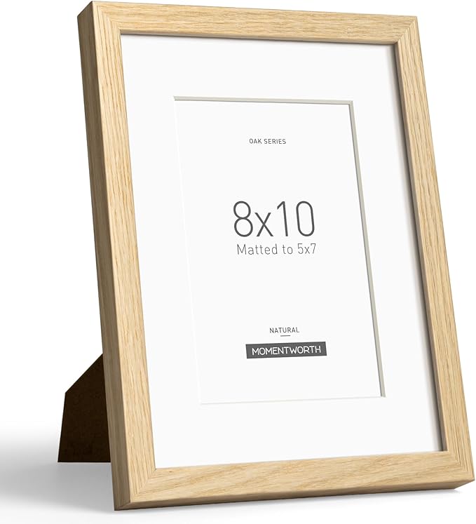Momentworth 8x10 Picture Frame with Mat for 5x7, Solid Oak Wood 8x10 Frame with Tempered Glass for Wall Mount(Single,Oak)