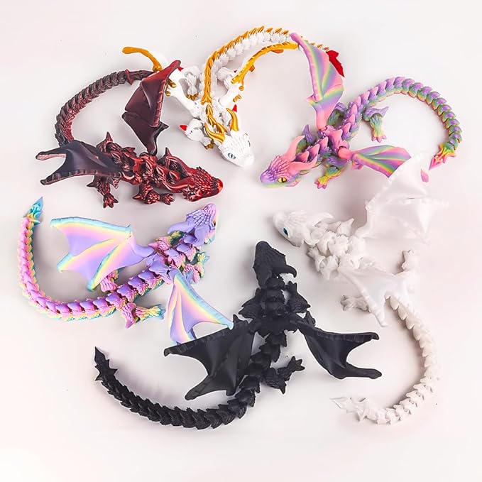 3D Printed Dragon with Wings,3D Printed Animals Toys, Fidget Dragon Toys, Flexible Articulated Winged Crystal Dragon Model,Desktop Pet Deco, Stocking Stuffers (Matte-Black)
