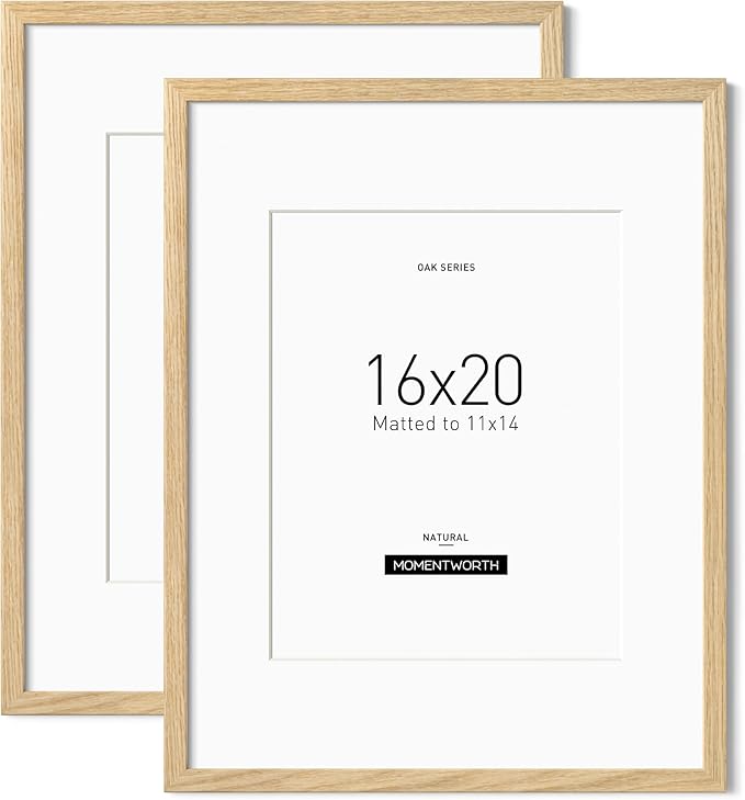 Momentworth 16x20 Frame with Mat for 11x14, Solid Oak Wood 16x20 Frames for Horizontal & Vertical Wall Mounting(2 Pack,Oak)