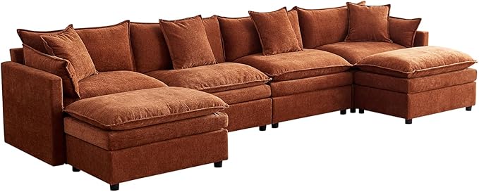 142" Modular Sectional Sofa with 2 Ottomans, 6-Seat Modern Chenille Cloud Couch, Convertible U/L-Shaped Sleeper Sofa with Double Cushions & 4 Lumbar Pillows for Living Room, Apartments and HomeTheater