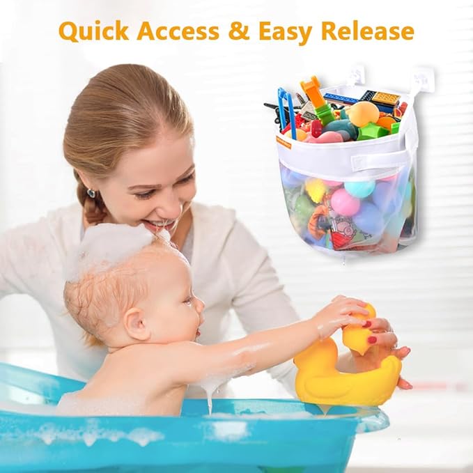 HooBribeau Bath Toy Organizer – Large Capacity Mesh Storage with Wide Opening, Quick Release Bottom Zipper, Wall-Mounted & Foldable, Quick Dry Baby Bathtub Toy Holder, Multi-Use Bathroom Organizer