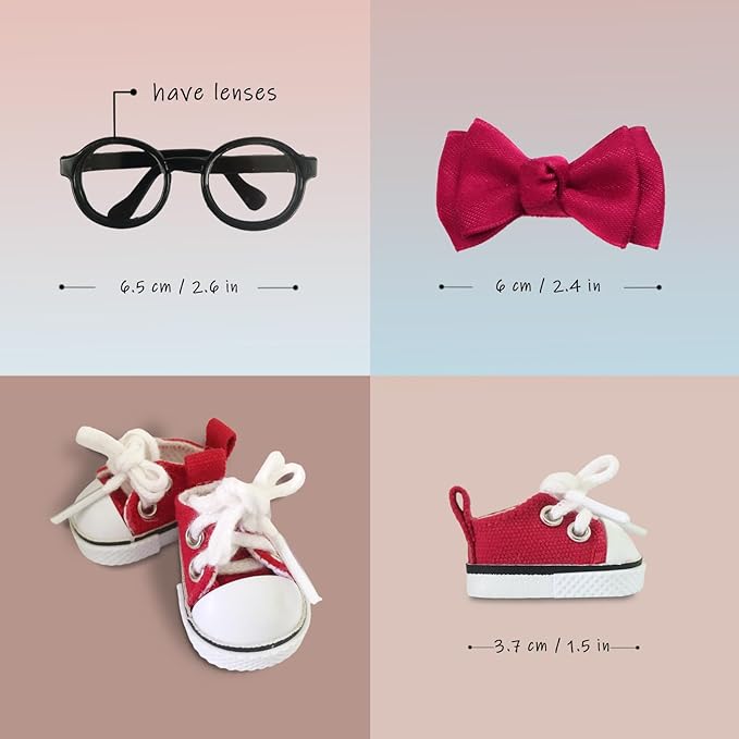Clothes for 6.7in/17cm Dolls (Without Dolls) Sets and Accessories,6PCS (Hat + Bow + Glasses + Shawl + Pants + Shoes), Collectors and As Gifts. (Academic Style-Blue)