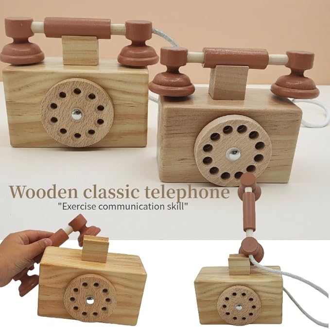 Ring Ring Telephone - Solid Wood Retro Chorded Dial Phone -1 pcs Toy Telephone-Pretend Play Toy Telephone -Role-Playing - Boost Communication Skills and Language Development - Age 3+ (1)