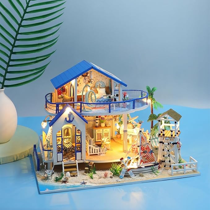GuDoQi DIY Miniature Dollhouse Kit, Miniature House Kit 1:24 Scale,Tiny House kit with Music and Furniture Kit, Great Gift for Birthday Christmas, Blue Sea Legend