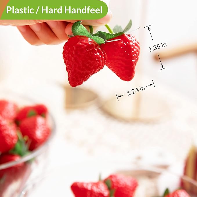 60 Pieces Fake Strawberries Décor, Fake Fruit Artificial Strawberry Kitchen Décor, Plastic Strawberry Party Decorations, Realistic Fake Food Lifelike for Display Photography Props