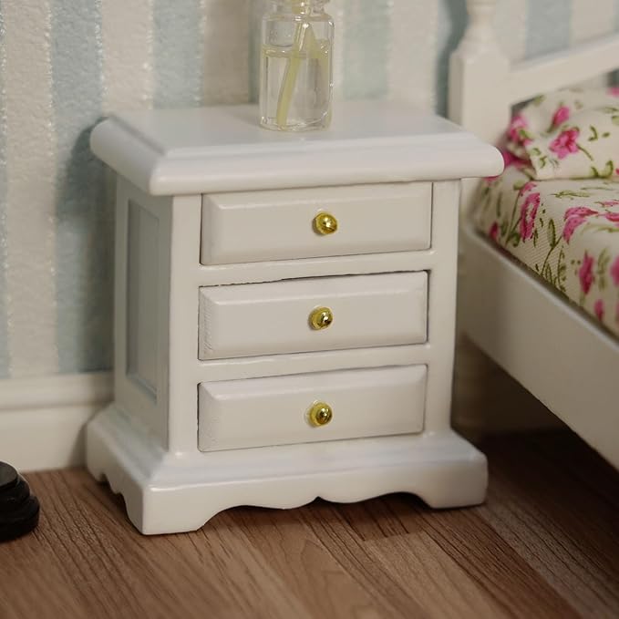 Miniature Bedside 1:12 Furniture Dollhouse Nightstand Bedroom Drawer Cabinet Model Accessories Mini House Scene Building Tabletop Decorations (White)