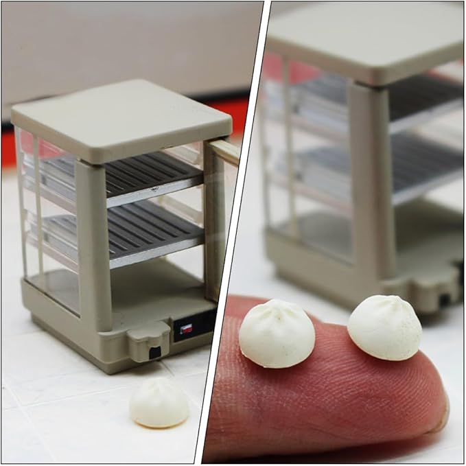 LOGOFUN Miniature Bakery Case Dollhouse 1:12 Scale Mini Insulated Cabinet with Mini Steamed Stuffed Buns Model for Dollhouse Bread Shop Accessories