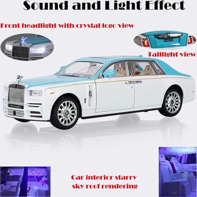 Toy Car Rolls-Royce 1/24 Blue Phantom Alloy Collectibles Diecast Vehicles Model with Sound and Light