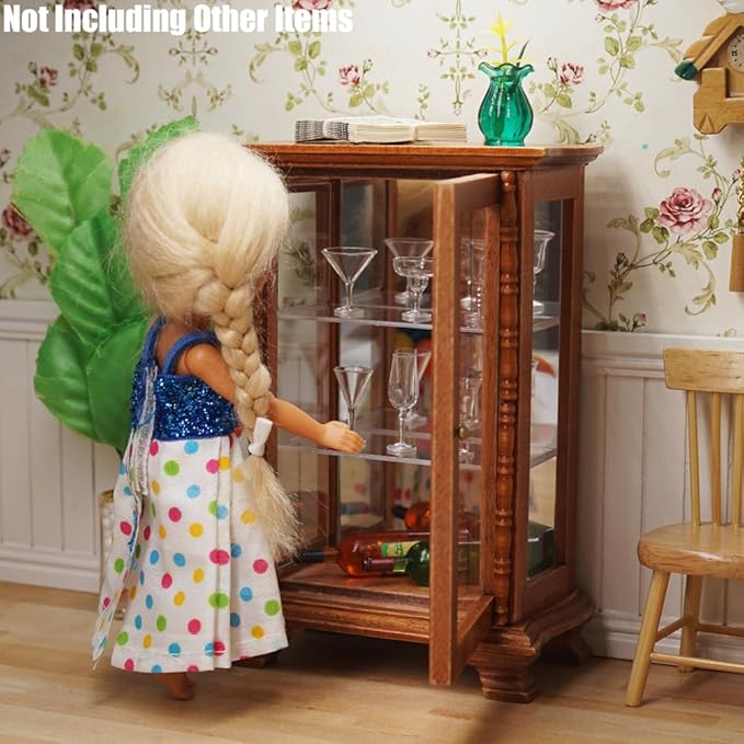 Odoria Dollhouse Display Cabinet Miniature: 1/12 Scale Mirrored Storage for Vintage Living Room - Mini Brown Curio Cabinets - Tiny Wood Furniture