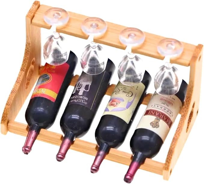 Dollhouse Accessories Wine Bottle Set,1 12 Scale Object Including 4 Bottles of Wine with 4 Glasses and a Holder for Mini House Decoration(Modern Style)
