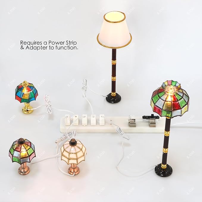 iLAND 1/12 Scale Accessories of Dollhouse Lights, Classic Miniature Lamp w/Plug for Dollhouse Decoration, Mosaic Lattice Floor Lamp w/Plug