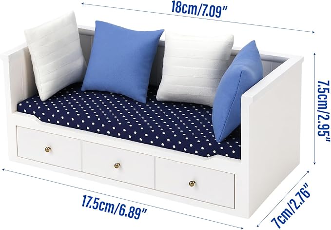1/12 Scale Miniature Doll House Couch, Mini Sofa Day Bed, High Simulation Upholstered Wooden Fabric Loveseat with Pillows for 6 Inch Dolls, Modern Living Room Furniture, Realistic Model Decoration