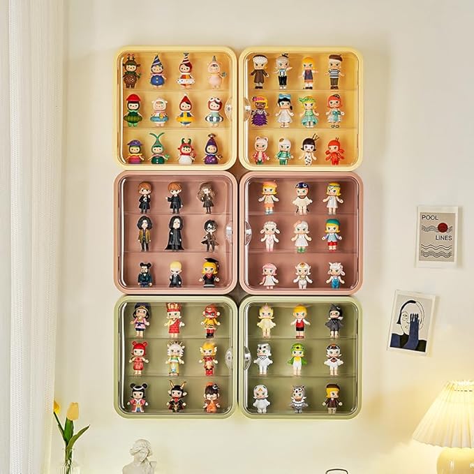 Clear Display Case for Figures, Wall Mounted Acrylic Storage Box, Dust Proof Display Cabinet Organizer for Mini Pop Mart Action Figures Collectibles (Yellow)