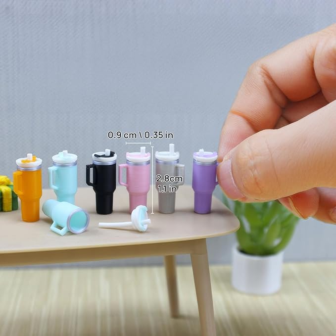 Miniature Drink Cup & Toast Set, Realistic Dollhouse Miniatures, Mini Tumbler with Detachable Lid & Straw, 1/12 Scale Food for Dollhouse Décor (Rose Pink)