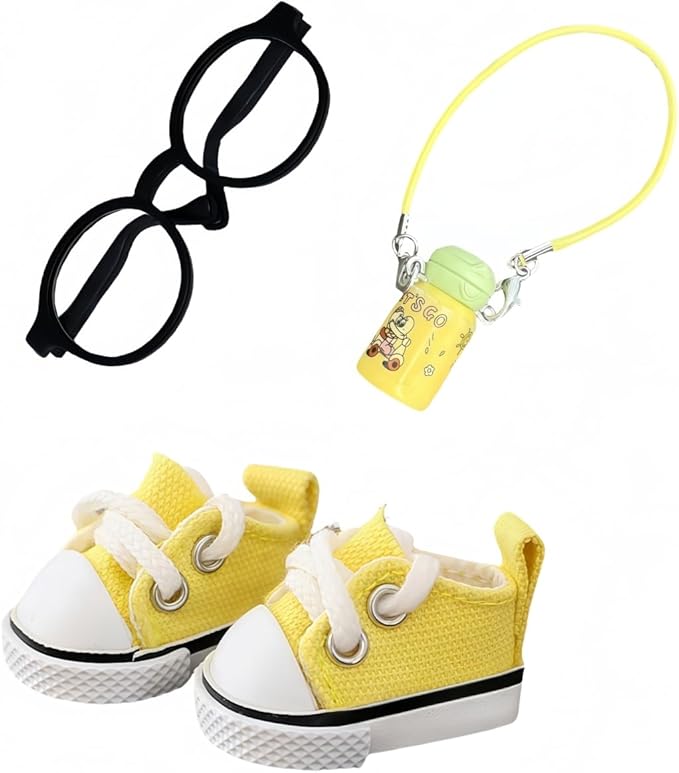 3 Pieces Doll Clothes Set Accessories, Mini Doll Canvas Sneakers Glasses Water Bottle Bag Decoration for 17cm Dolls, Mini Finger Shoes, Cute Outfit Clothing Accessory for 1st/2nd/3rd Gen Monsters Doll